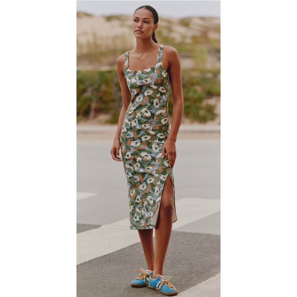 Anthropologie Daily Practice Floral Camo Midi Dress Green Blue Small